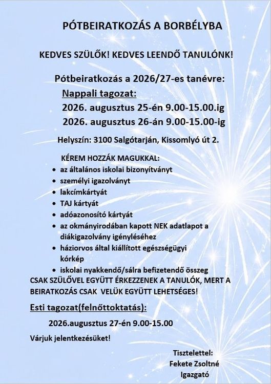 Pótbeiratkozás a Borbélyba!