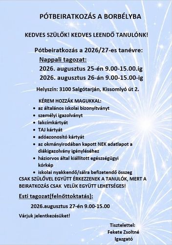 Pótbeiratkozás a Borbélyba!